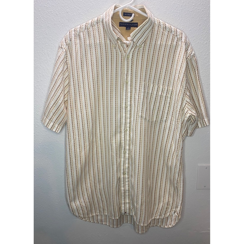 Tommy Hilfiger Button Down Mens Large Tan White Excellent 80s 2-Ply Striped SS